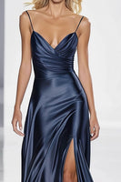 Load image into Gallery viewer, Dark Blue Spaghetti Straps Backless Long Satin Formal Dress with Slit