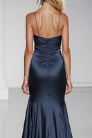 Load image into Gallery viewer, Dark Blue Spaghetti Straps Backless Long Satin Formal Dress with Slit