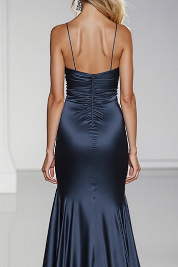 Dark Blue Spaghetti Straps Backless Long Satin Formal Dress with Slit