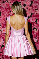 Load image into Gallery viewer, Sparkly Pink Satin Short Corset Homecoming Dress with Bow