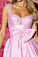 Load image into Gallery viewer, Sparkly Pink Satin Short Corset Homecoming Dress with Bow