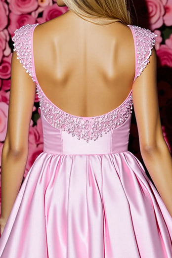 Sparkly Pink Satin Short Corset Homecoming Dress with Bow