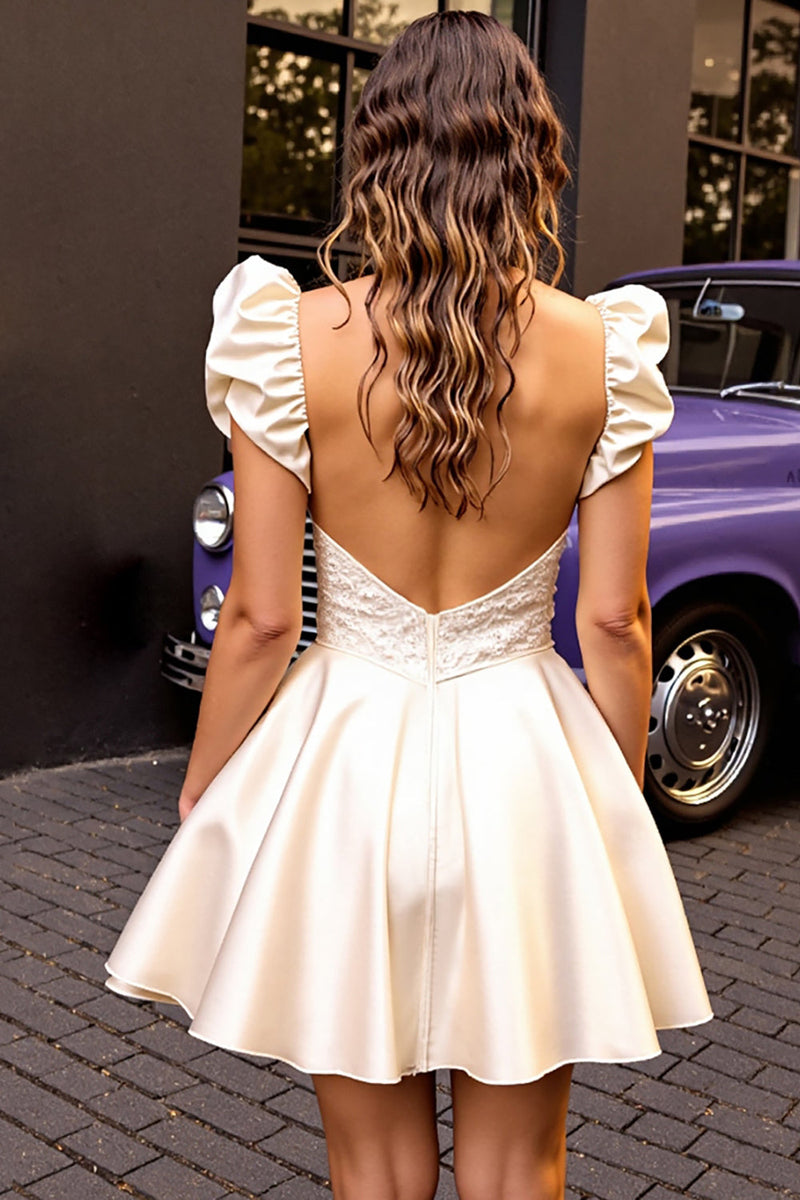 Load image into Gallery viewer, Ivory Satin Corset Short Homecoming Dress with Ruffles