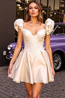 Ivory Satin Corset Short Homecoming Dress with Ruffles