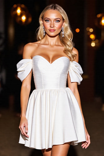 White A Line Off the Shoulder Short Satin Homecoming Dress with Ruffles