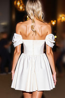 Load image into Gallery viewer, White A Line Off the Shoulder Short Satin Homecoming Dress with Ruffles