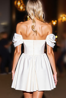 White A Line Off the Shoulder Short Satin Homecoming Dress with Ruffles