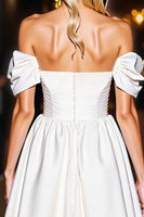 Load image into Gallery viewer, White A Line Off the Shoulder Short Satin Homecoming Dress with Ruffles
