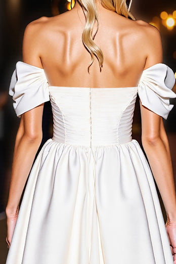 White A Line Off the Shoulder Short Satin Homecoming Dress with Ruffles