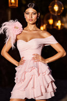 Load image into Gallery viewer, Floral Pink Chiffon Ruffled Short Homecoming Dress with Feathers