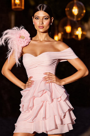 Floral Pink Chiffon Ruffled Short Homecoming Dress with Feathers