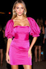 Load image into Gallery viewer, Fuchsia Bodycon Short Satin Homecoming Dress with Puff Sleeves