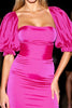 Load image into Gallery viewer, Fuchsia Bodycon Short Satin Homecoming Dress with Puff Sleeves