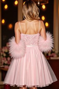 Sparkly Blush Sequin Short Corset Homecoming Dress with Feathers