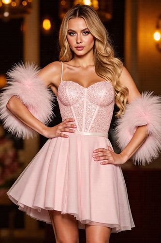 Sparkly Blush Sequin Short Corset Homecoming Dress with Feathers