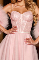 Load image into Gallery viewer, Sparkly Blush Sequin Short Corset Homecoming Dress with Feathers