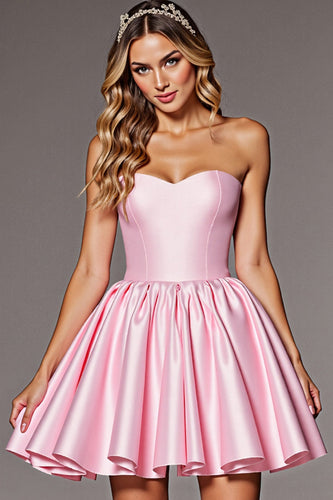 Pink Satin Corset Strapless Short Homecoming Dress with Bow