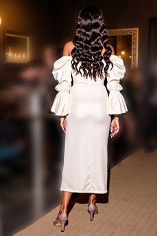 White Satin Corset Sheath Midi Homecoming Dress with Slit