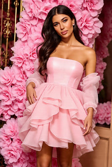 Pink Corset A Line Strapless Short Homecoming Dress with Ruffles