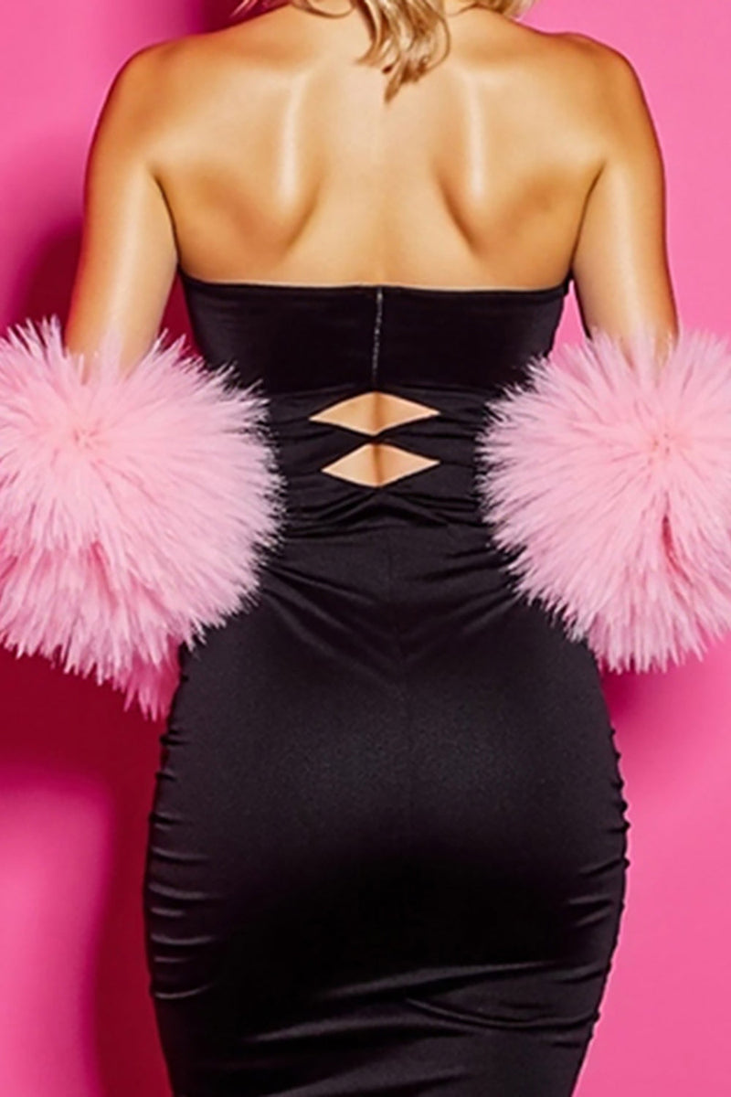 Load image into Gallery viewer, Black Bodycon Short Strapless Homecoming Dress with Feathers