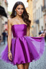 Load image into Gallery viewer, Dark Purple Satin Strapless Short Homecoming Dress with Beading