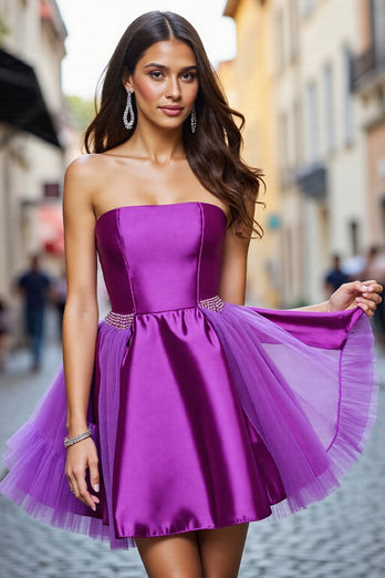 Dark Purple Satin Strapless Short Homecoming Dress with Beading