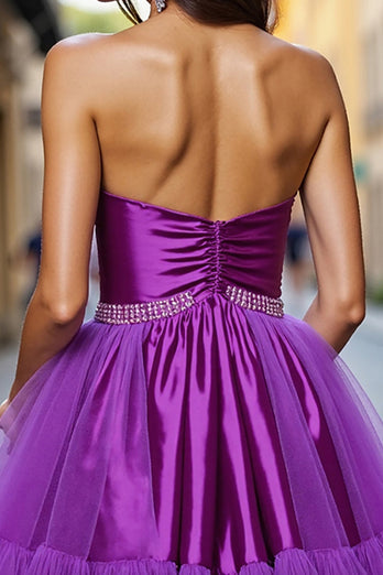 Dark Purple Satin Strapless Short Homecoming Dress with Beading