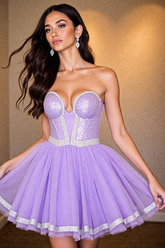Sparkly Purple Corset A Line Short Sequins Homecoming Dress