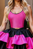 Load image into Gallery viewer, Black and Fuchsia Satin A Line Short Homecoming Dress with Ruffles