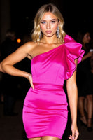 Load image into Gallery viewer, Fuchsia Bodycon Satin One Shoulder Short Homecoming Dress with Ruffles