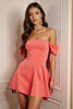 Load image into Gallery viewer, Orange Satin Off the Shoulder A Line Short Homecoming Dress