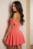 Load image into Gallery viewer, Orange Satin Off the Shoulder A Line Short Homecoming Dress