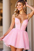 Load image into Gallery viewer, Queendancer Women Pink Satin Short Corset Homecoming Dress Simple A Line Deep V-Neck Spaghetti Straps Criss Crossed Back Party Dress