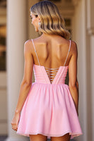 Load image into Gallery viewer, Pink A Line Satin Deep V-Neck Short Corset Homecoming Dress