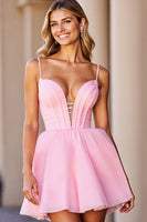 Load image into Gallery viewer, Pink A Line Satin Deep V-Neck Short Corset Homecoming Dress