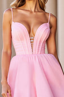 Load image into Gallery viewer, Pink A Line Satin Deep V-Neck Short Corset Homecoming Dress