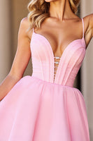 Load image into Gallery viewer, Pink A Line Satin Deep V-Neck Short Corset Homecoming Dress
