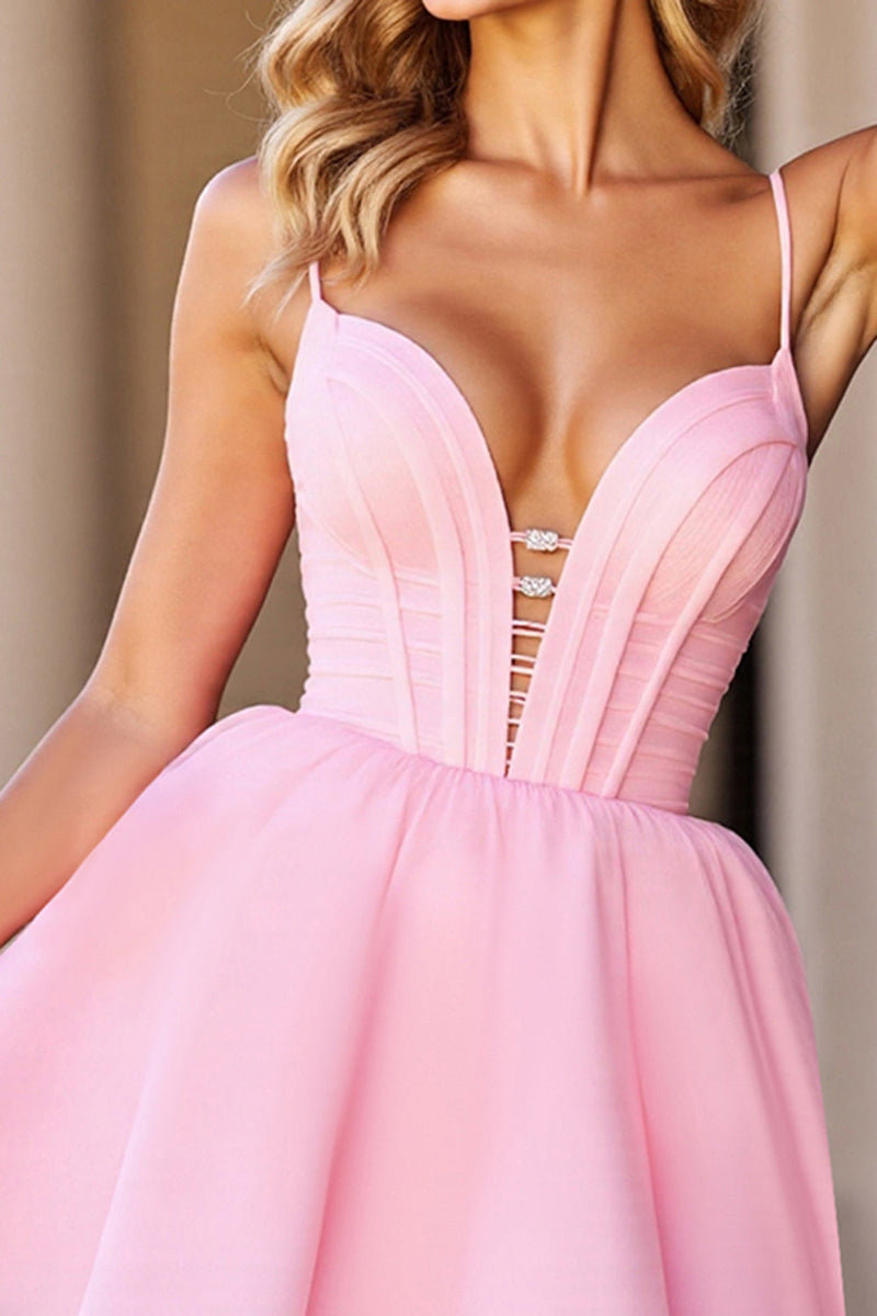 Load image into Gallery viewer, Pink A Line Satin Deep V-Neck Short Corset Homecoming Dress
