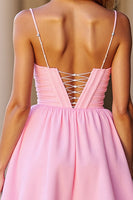 Load image into Gallery viewer, Pink A Line Satin Deep V-Neck Short Corset Homecoming Dress