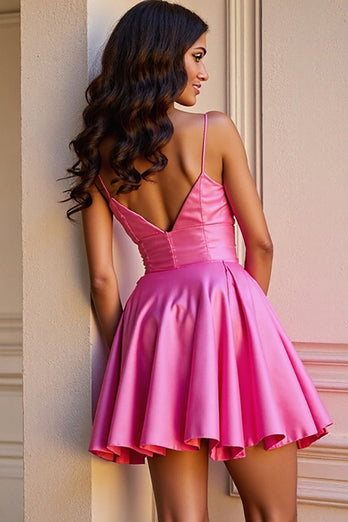 Fuchsia Satin A Line Short Homecoming Dress with Ruffles