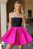 Load image into Gallery viewer, Black and Fuchsia Satin A Line Strapless Short Homecoming Dress