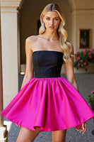Load image into Gallery viewer, Black and Fuchsia Satin A Line Strapless Short Homecoming Dress