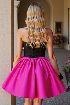 Black and Fuchsia Satin A Line Strapless Short Homecoming Dress