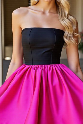 Black and Fuchsia Satin A Line Strapless Short Homecoming Dress