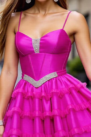 Fuchsia Corset Short Ruffled Homecoming Dress with Beading