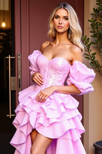 Sparkly Pink High-Low Sequins Homecoming Dress with Ruffles