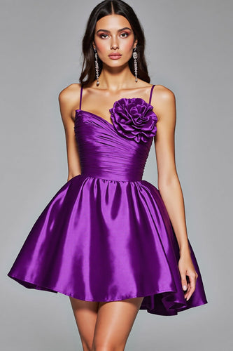 Floral Dark Purple A Line Satin Short Homecoming Dress