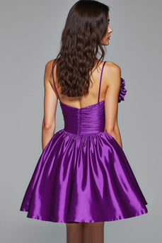 Floral Dark Purple A Line Satin Short Homecoming Dress