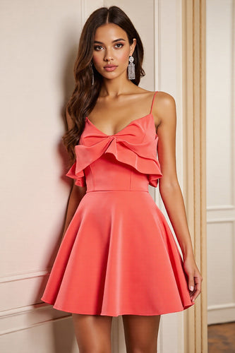 Orange Satin Spaghetti Straps Short Corset Homecoming Dress with Ruffles