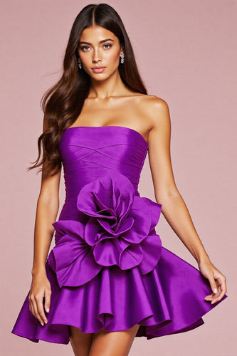Dark Purple Satin Short Strapless Homecoming Dress with Rulffes